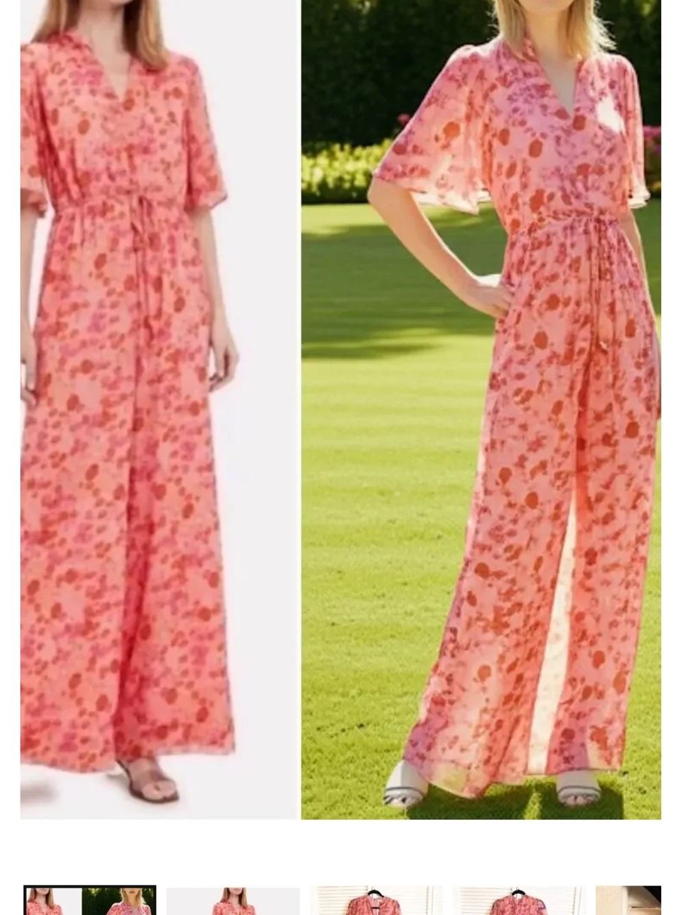 ByTiMo Pink Georgette Garden Floral Wide Leg Romper Jumpsuit Sz Small